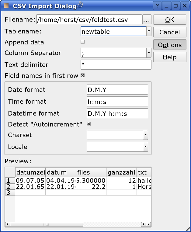 The CSV import dialog