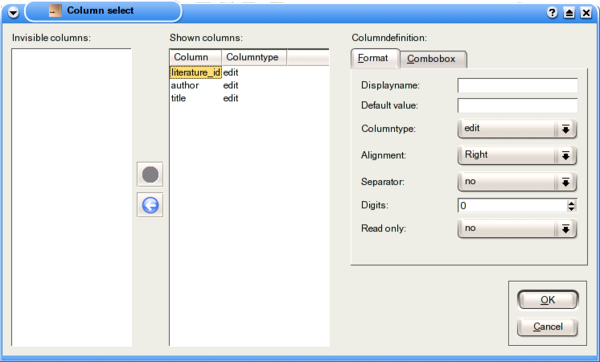 The column selection dialog