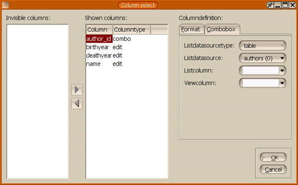 The column selection dialog