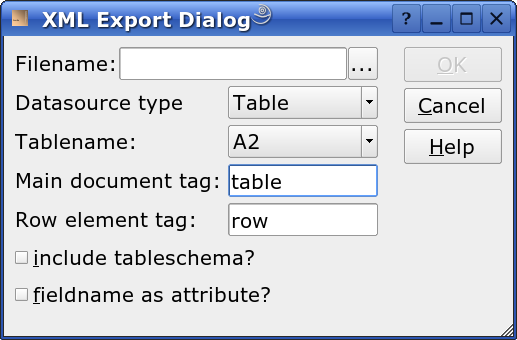 The XML export dialog